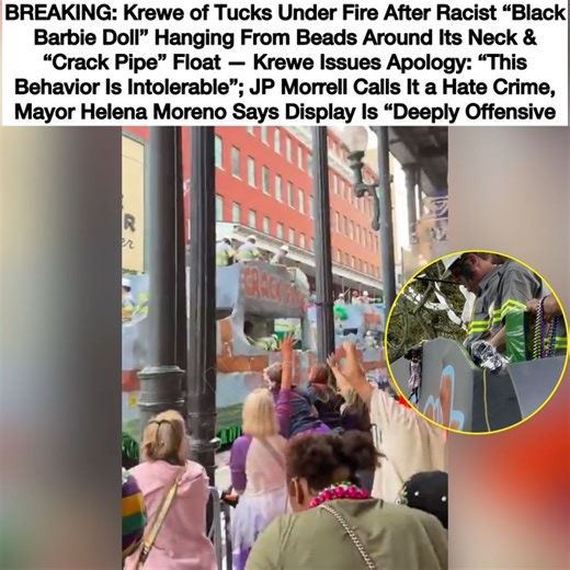 New Orleans Room on Instagram: "#NolaMates The Krewe of Tucks is under fire after a Black Barbie doll hanging by beads around its neck appeared on a float named “Crack Pipe,” sparking outrage across New Orleans. The Krewe issued an apology, saying: “This behavior is intolerable and completely contrary to our values. We are offended by this behavior and it will not be tolerated.” Councilmember JP Morrell called the display a “horrific hate crime” and added, “No one is above accountability.” Mayor