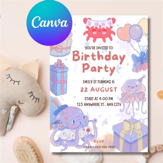 Ocean Birthday Invitation, Sea Animals Theme (canva Template Digital Download - Etsy