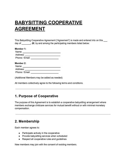 Babysitting Cooperative Agreement Template DOC & PDF, Childcare Co-op Contract Form - Etsy