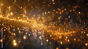 golden particles bokeh abstract background with shining gold Floating Dust Particles Flare star on Black Background in Slow Motion. Futuristic glittering fly movement flickering loop in space. Sparkle