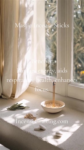 Mastic Incense Sticks Benefits: Purifies energy, aids respiratory health, enhances focus. Meaning: Symbolizes purification and divine connection. How to Use: Burn to cleanse spaces and promote focus. Purpose: Ideal for purification and spiritual clarity. Mastic Incense Sticks for sale at IncenseCrafting.com #Incense #IncenseSticks #IncenseLover #VibeCheck #Zen #CandleAndIncense
