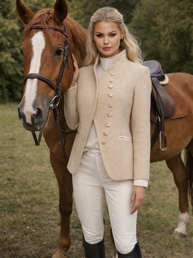Rachel ward on Instagram: "New shoot for @aavelleofficial 🐎 Chevron Tweed Curved Blazer (Crème)"