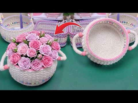 Best Tutorial Using Round Dis Bowl & colored wooden Bead Making Flower Basket 4mm Hemp Rope Weaving