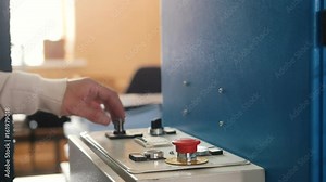 Red button on folding machine - printing polygraph industry, close up Stock Video