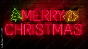 Merry Christmas neon sign with brick background. Looped animation