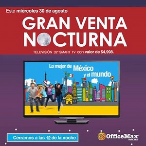 No te pierdas nuestra Gran Venta Nocturna y llévate a casa los mejores productos hoy mismo. Aprovecha en toda la tienda hasta 24 mensualidades sobre precio regular, o hasta 12 meses sin intereses sobre precio de contado, con tarjetas de crédito participantes. Además, en compras mayores a $6,999.°° más $999.°°, llévate a casa una televisión Smart TV de 32" con valor de $4,998.°°. Consulta restricciones, artículos participantes, existencias y disponibilidad en tienda. Promoción válida en tiendas f