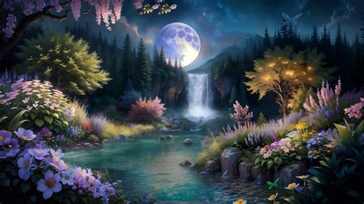 Full Moon, Flowers, Butterflies. Free Stock Video