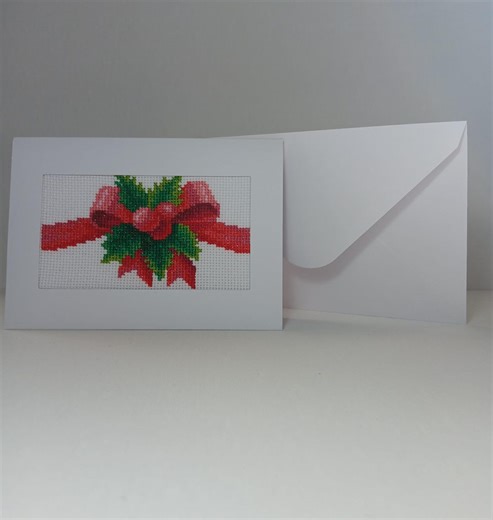 Handmade Cross Stitch Christmas Card - Festive Red Bow & Holly - Unique Holiday Greeting - Etsy UK