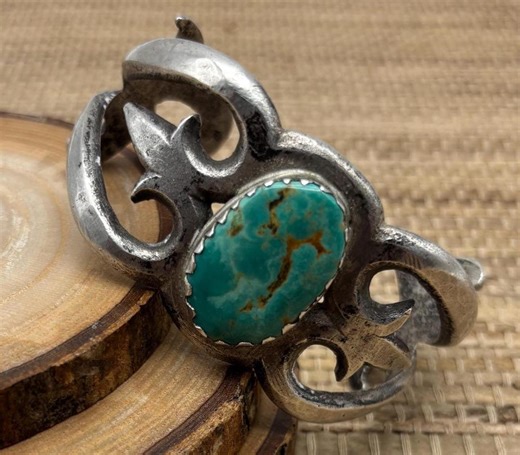 Sterling Vintage Southwest Native Sandcast Cuff With Turquoise Center Stone. - Etsy