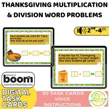 Thanksgiving Multiplication and Division Word Problems Digital Boom™ Cards