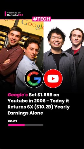 Startup Stories By DOC on Instagram: "In 2006, people laughed when Google bought YouTube for $1.65B. “Too expensive.” “Just a site for cat videos.” “Bad bet.” 2025 update: YouTube just paid Google back 6X that amount in earnings from ONE quarter. 💥 Yup… $10.2 BILLION from a platform that wasn’t even taken seriously once. This isn’t luck. This is vision + patience. 📌 Real money is made by backing potential before the world sees it. 📌 The biggest bets always look stupid at 