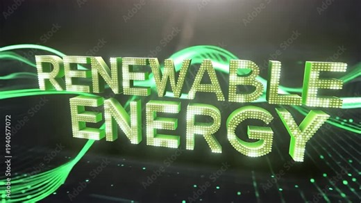 Dynamic renewable energy typography animation in a futuristic environment with glowing green particles and energy waves