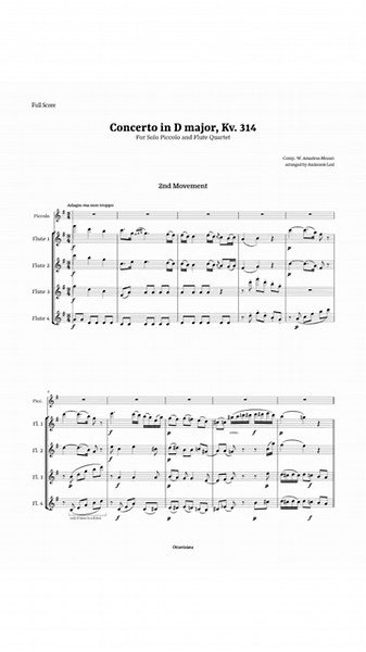 2nd movement from Concerto in D major K 314 by Mozart for Piccolo Solo and Flute Quartet