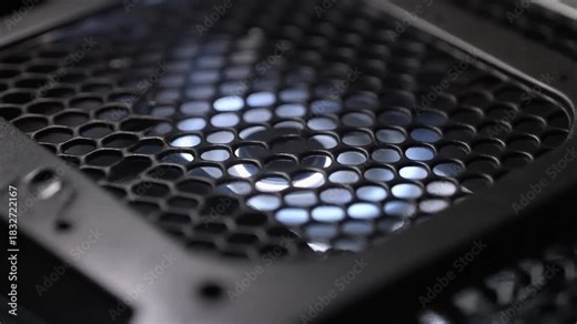 Close-up of a black computer fan grill providing ventilation within a PC tower, shot with a shallow depth of field and a cool, industrial aesthetic.