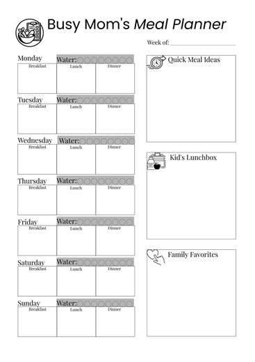 Weekly Meal Planner Printable – Family Organizer With Water Tracker (A4/US Letter Digital Download) - Etsy