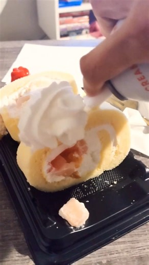 Swiss Roll with fruit and whipped topping 🍰🍓🍑🍊