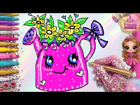 CUTE SPRING ART! How to Draw a Sparkly Watering Can & Flowers | Magic Drawing and Coloring for Kids