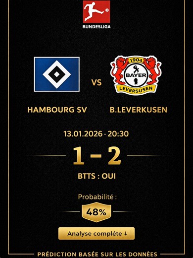 🏟️ Hambourg SV vs Bayer Leverkusen Bundesliga – Journée 17 📅 13 janvier 2026 ⏰ 20:30 🎯 Forte probabilité : Bayer Leverkusen GAGNE ✅ 🎯 Score probable : 1 – 2 📊 Grosse côte : Leverkusen GAGNE & Plus de 1,5 buts 👉 Mission maintien pour Hambourg ou logique respectée par Leverkusen ? ⬇️ Dis-le en commentaire 📊 DÉCOMPOSITION DE L’ANALYSE Hambourg à domicile : • Forte pression liée à la zone de relégation • Bloc souvent bas face aux grosses équipes • Difficultés à ressortir le ballon sous pressi