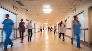 A busy hospital corridor with medical staff and patients walking through, illuminated by bright overhead lights.