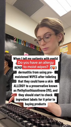 If you have an eczema like rash on your eyelids or 🍑 and use makeup removing or personal hygiene wipes, it could be that you have a skin allergy to Methylisothiazolinone (MI), a common preservative in moist wipes. It was even listed as contact allergen of the year by the American Contact Dermatitis Society in hopes of bringing attention to this allergen. #dermatologist #dermatologytips #dermtok #skintok #eyeliddermatitis #eyelidrash #eyelideczema #dermdocheather