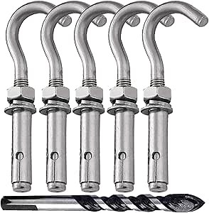 Concrete Wall Hooks 304 Stainless Steel Outdoor M6 5-Pack | 304 stainless expansion hooks 661 lb concrete cement brick block stucco outdoor hanging M6 5-pack with carbide drill