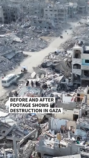10K views · 216 reactions | Before and after footage shows destruction in Gaza caused by the war between Israel and Hamas, on the two-year anniversary of the 7 October 2023 attack, which triggered the conflict.  AFPTV, IDF, OCHA/UNIFEED, UNRWA, MAXAR  Clara Charles  Audio Network | AFP News Agency | Facebook