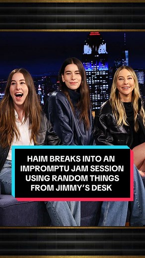 @haimtheband breaks into an impromptu jam session using random things from Jimmy’s desk! #FallonTonight #TonightShow #HAIM #JimmyFallon