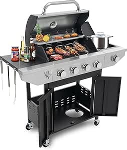 MNMKHK 4-Burner Propane Gas Grill BBQ Stainless Steel Outdoor Cooking Grill with Side Burner, 46,700 BTU, Removable Grease Tray, Barbecue Grill,Perfect for Camping, Backyard, Patio, Deck