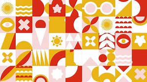 Vivid dynamic geometric pattern loop. Motion graphic loop animation in Bauhaus design. Colorful 4K and full HD video composition. Summer geometric banner made of dynamic abstract shapes.