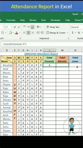 Employee Attendance Sheet in Excel 🔥 | Total Present, Absent & Leave #Shorts