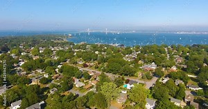 Claiborne Pell Newport Bridge on Narragansett Bay and town of Jamestown aerial view in summer, Jamestown on Conanicut Island, Rhode Island RI, USA.