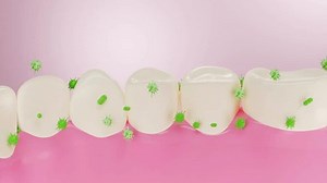 3D animation, bacteria trapped in teeth are removed, leaving teeth white and clean 3d scene for oral care product advertising.