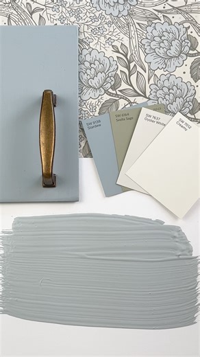 Loralee AhMu on Instagram: "Sherwin Williams Stardew is a soft, hazy blue-gray that instantly makes a space feel calm, airy, and pulled together. Stardew’s gentle cool undertone pairs effortlessly with warm whites, soft creams, sage greens, and other light neutrals for a balanced, easygoing look. Use it on walls, cabinets, or even furniture to add subtle color without overwhelming the space—timeless, relaxed, and quietly elegant. ✨Would you like a link to the wallpaper, swatches, cabinet color, 