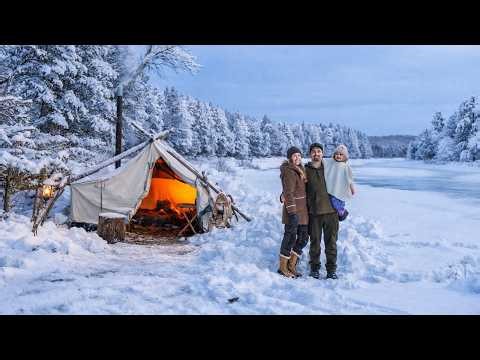 Winter Camping in Hot Tent on Snowy Frozen River