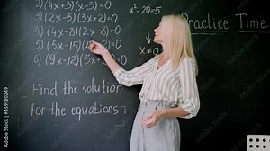 Webcam view of smiling tutor teacher talking having online virtual maths class with schoolchildren standing explaining showing formulas numbers on blackboard. Distant education concept.