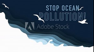 stop ocean pollution animation. Strong, big waves on left side and seagulls in the background with space for text on left side. Customizable.