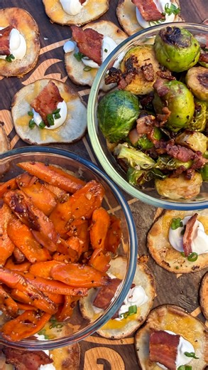 Benton Palmer on Instagram: "Here are three delicious sides you can make for your Christmas dinner on your Weber Slate griddle! Crispy potato bites, honey hot carrots, and bacon brussel sprouts. #christmas #dinner #sidedish #griddle"