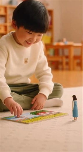 小さい女性保育士、男の子のジグソーパズル完成を見守る