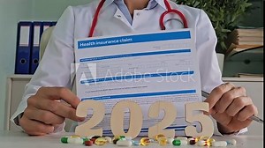 Doctor displaying health insurance claim form alongside pills and the year 2025