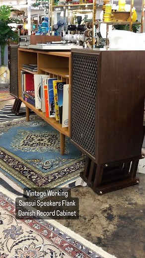 Cool vintage Sansui speakers from back in the day still work great. We put them on either side of a vintage Danish record cabinet with adjustable holders for your vinyl. Come check them out! Prices and dimensions in our Instagram Highlights as well as our website: UptownModernAustin.com | Uptown Modern