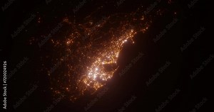 Monaco (Monaco) aerial view at night. Top view on city from space. Camera is zooming in, rotating clockwise