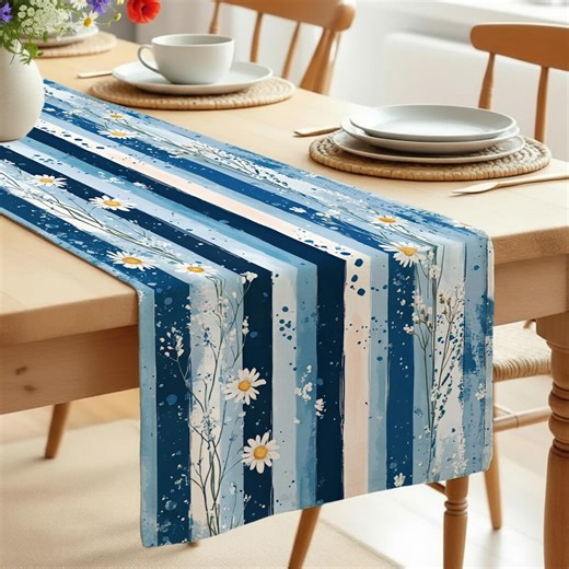Blue Striped Table Runner • Coastal Floral Dining Accent • Summer Daisy Centerpiece - Etsy