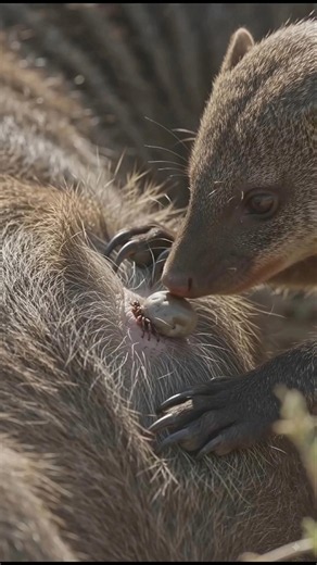Mongoose cleaning parasite from Warthog- nature's relief and satisfying. #wildlife #animals #fyp