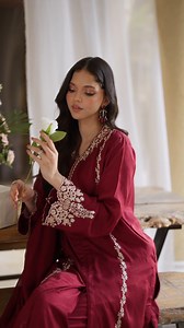 Introducing Merlot Dusk – A Vision of Opulence ✨ Step into luxury with Merlot Dusk, crafted from rich raw silk in a deep, enchanting burgundy hue. Paired with a graceful flapper Pants, this ensemble is a perfect blend of classic charm and modern elegance. Sophisticated, bold, and undeniably chic. 🍷✨ #EidElegance #PreBooking #EidInStyle #Azure #PerfectTogether #Merlotdusk | Azure