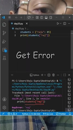 Dictionary Error 😓 Fix 😎 | Day 21 Python | #codewithraju #coding #error #programming #journey