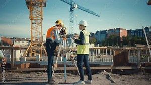 Construction Worker Using Theodolite Surveying Optical Instrument for Measuring Angles in Horizontal and Vertical Planes on Construction Site. Engineer and Architect Using Tablet Next to Surveyor.