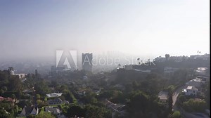 Rising aerial shot over tree to reveal Century City skyline enveloped in haze. 4K