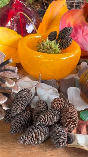 A buzz through an Autumn Fairy Garden of found objects and art glass. #fairygarden #foundobjects #tablescaping #glassart #autumndecor | Avalon Glassworks
