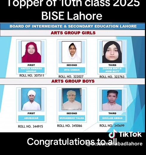 Topper of 10th Class 2025 BISE Lahore Announced