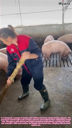 female worker cleaning pig pen with shovel | daily farm work routine